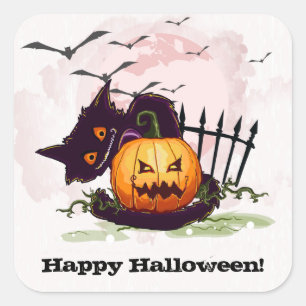 Scaredy Black Cat Happy Halloween Vierkante Sticker