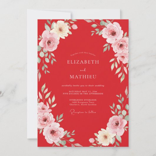 Scarlet Blush Bloom Bruiloft Kaart (Voorkant)