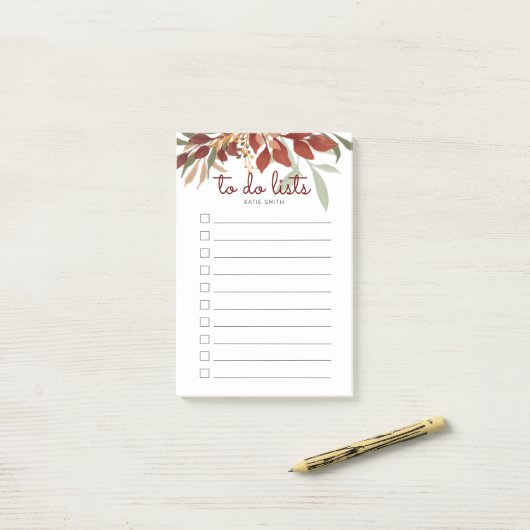 Scarlet Burgundy Waterverf Greenery Post-it® Notes (Op bureau)