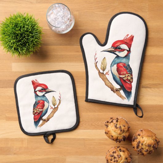 Scarlet Crest Woodpecker Ovenwant & Pannenlap Set (Top down)