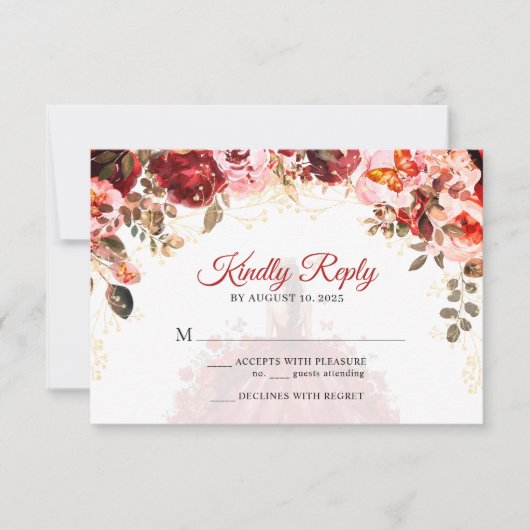 Scarlet Elegance Floral Princess Quinceañera RSVP Kaartje (Voorkant)