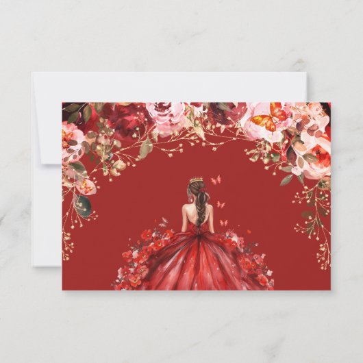 Scarlet Elegance Floral Princess Quinceañera RSVP Kaartje (Achterkant)