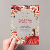 Scarlet Elegance Gold Enchanted Floral Quinceanera Acryl Uitnodigingen (Insitu (Draagbaar))