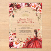 Scarlet Elegance Gold Enchanted Floral Quinceanera Acryl Uitnodigingen (Voorkant)