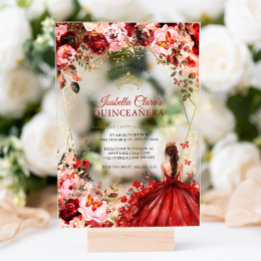 Scarlet Elegance Gold Enchanted Floral Quinceanera Acryl Uitnodigingen