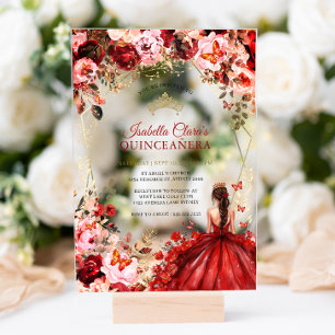 Scarlet Elegance Gold Enchanted Floral Quinceanera Acryl Uitnodigingen