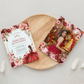 Scarlet Elegance Gold Enchanted Floral Quinceanera Kaart