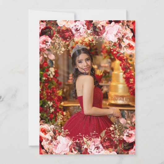 Scarlet Elegance Gold Enchanted Floral Quinceanera Kaart (Achterkant)