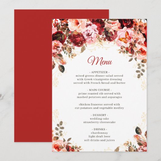 Scarlet Elegance Gold Floral Quinceañera Birthday Menu (Voorkant / Achterkant)