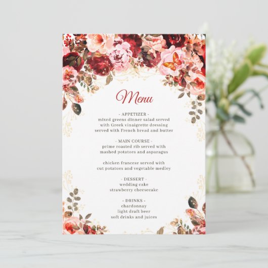 Scarlet Elegance Gold Floral Quinceañera Birthday Menu (Staand voorkant)
