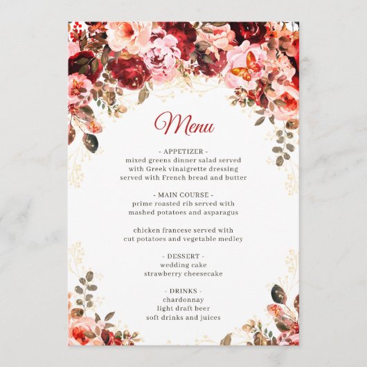 Scarlet Elegance Gold Floral Quinceañera Birthday Menu (Voorkant)