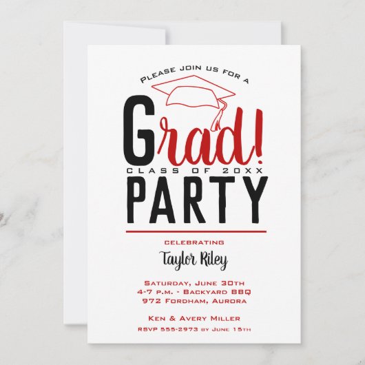 Scarlet en Black Graduation Party Kaart (Voorkant)