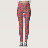 Scarlet en Black Oriental Poppies Pattern op Blue Leggings (Voorkant)
