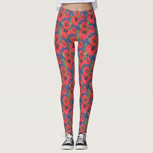 Scarlet en Black Oriental Poppies Pattern op Blue Leggings (Voorkant)