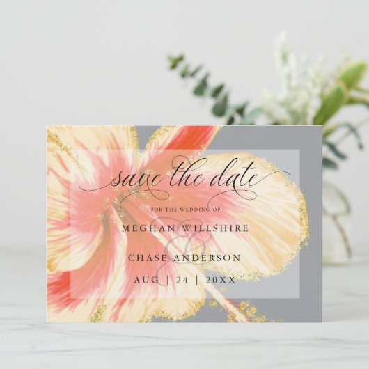 Scarlet en Yellow Tropical Flower Waterverf Save The Date (Staand voorkant)