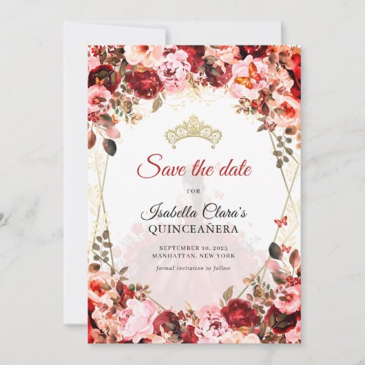 Scarlet Enchanted Floral Gold Princess Quinceanera Aankondiging (Voorkant)