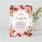 Scarlet Enchanted Floral Gold Princess Quinceanera Aankondiging (Staand voorkant)