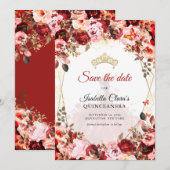 Scarlet Enchanted Floral Gold Princess Quinceanera Aankondiging (Voorkant / Achterkant)