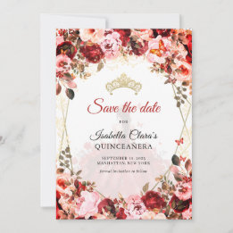 Scarlet Enchanted Floral Gold Princess Quinceanera Aankondiging