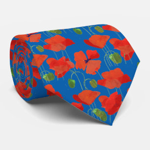 Scarlet Field Poppies Floral Pattern on Royal Blue Stropdas