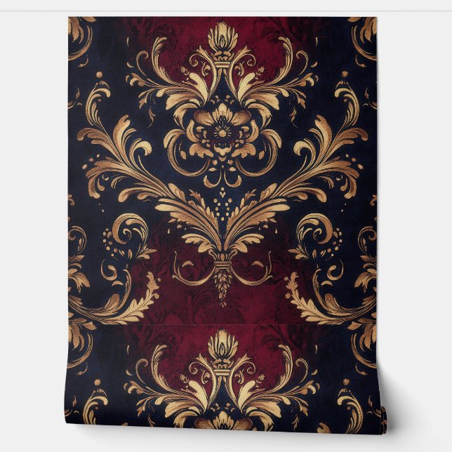 Scarlet & Goud Barok Bloemen Behang (Afrollen)