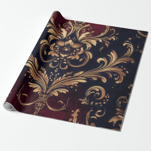 Scarlet & Goud Barok Bloemen Cadeaupapier (Uitgerold)