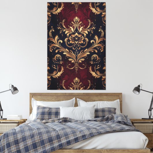 Scarlet & Goud Barok Bloemen Canvas Afdruk (Insitu (Slaapkamer))