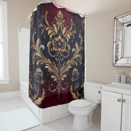 Scarlet & Goud Barok Bloemen Douchegordijn (In situ)
