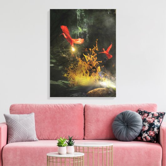 Scarlet Ibis Birds "STEALING THE LIGHT" Canvas Afdruk (Insitu (Woonkamer))