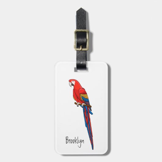Scarlet macaw parrot cartoon illustratie bagagelabel (Voorkant verticaal)