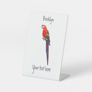 Scarlet macaw parrot cartoon illustratie reclamebord met voetstuk