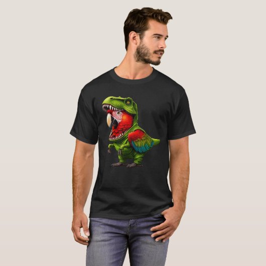 Scarlet Macaw Parrot draagt een dinosaurus outfit T-shirt (Voorkant volledig)