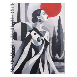 Scarlet Moon: Gestileerde vrouw in monochroom land Notitieboek