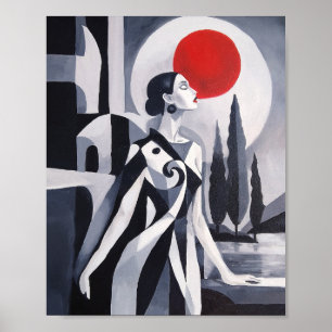 Scarlet Moon: Gestileerde vrouw in monochroom land Poster