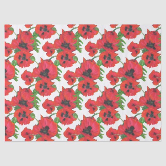 Scarlet Oriental Poppies Pattern on White Tissuepapier (Voorkant)