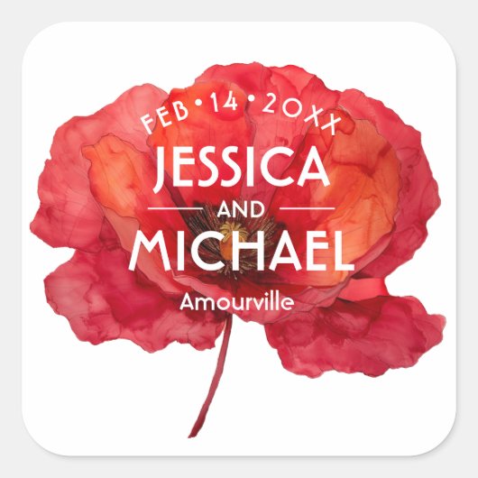 Scarlet Petal Elegance Vierkante Sticker (Voorkant)