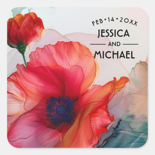 Scarlet Petal Elegance Vierkante Sticker (Voorkant)