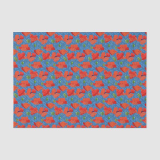 Scarlet Poppies Floral Pattern on Leafy Blue Tissuepapier (Voorkant)