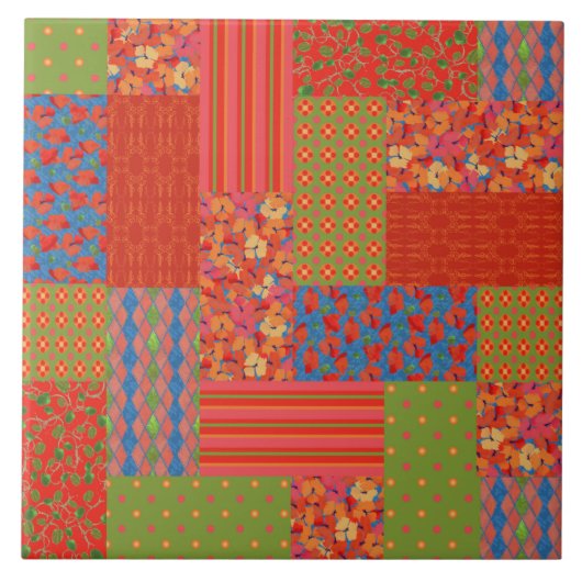 Scarlet Poppies Patronen Nostalgic Faux Patchwork Tegeltje (Voorkant)