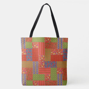 Scarlet Poppies Patterns Faux Patchwork Tote Bag