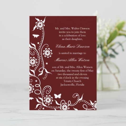 Scarlet Red Floral Swirl Wedding Invitation Kaart (Staand voorkant)