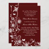 Scarlet Red Floral Swirl Wedding Invitation Kaart (Voorkant / Achterkant)