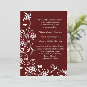 Scarlet Red Floral Swirl Wedding Invitation Kaart