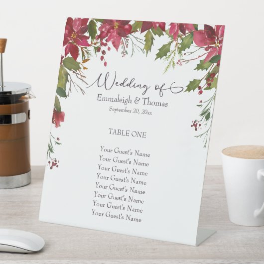 Scarlet Red Poinsettia Bloemen Gasten Zitplaatsen Reclamebord Met Voetstuk (Insitu)