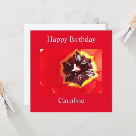 Scarlet Red Tulip Flat Birthday Kaart (Voorkant / Achterkant in situ)