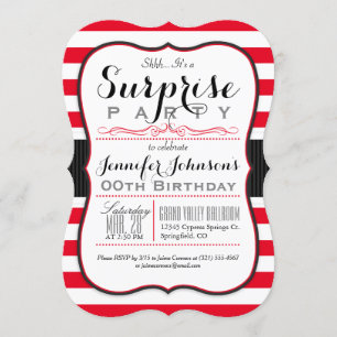 Scarlet Red & White Stripes Surprise Party Kaart