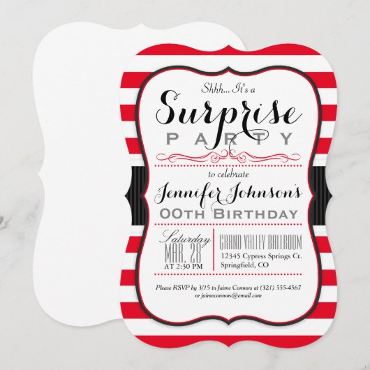 Scarlet Red & White Stripes Verrassingsfeest Kaart (Voorkant / Achterkant)