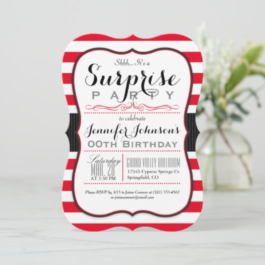 Scarlet Red & White Stripes Verrassingsfeest Kaart (Staand voorkant)