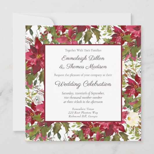 Scarlet Rode Poinsettia Bloemen Patroon Bruiloft Kaart (Voorkant)