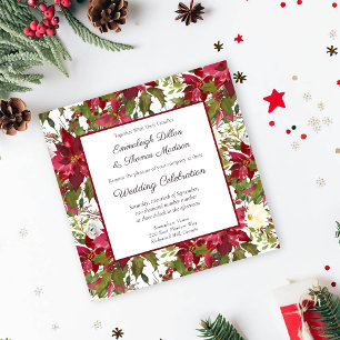 Scarlet Rode Poinsettia Bloemen Patroon Bruiloft Kaart
